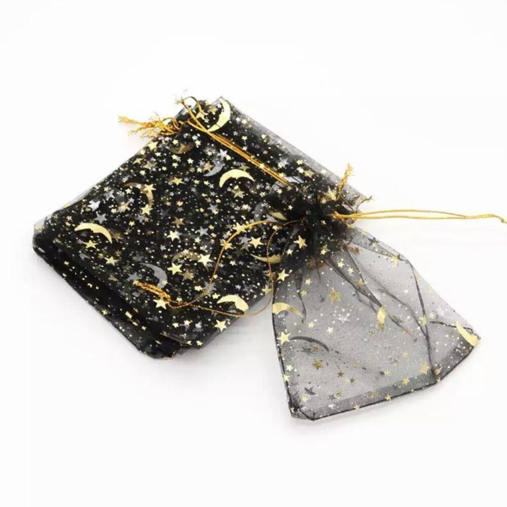 20 Pack Black Organza Gift Bags Gold Moon Stars Celestial Favor Bags 4x3